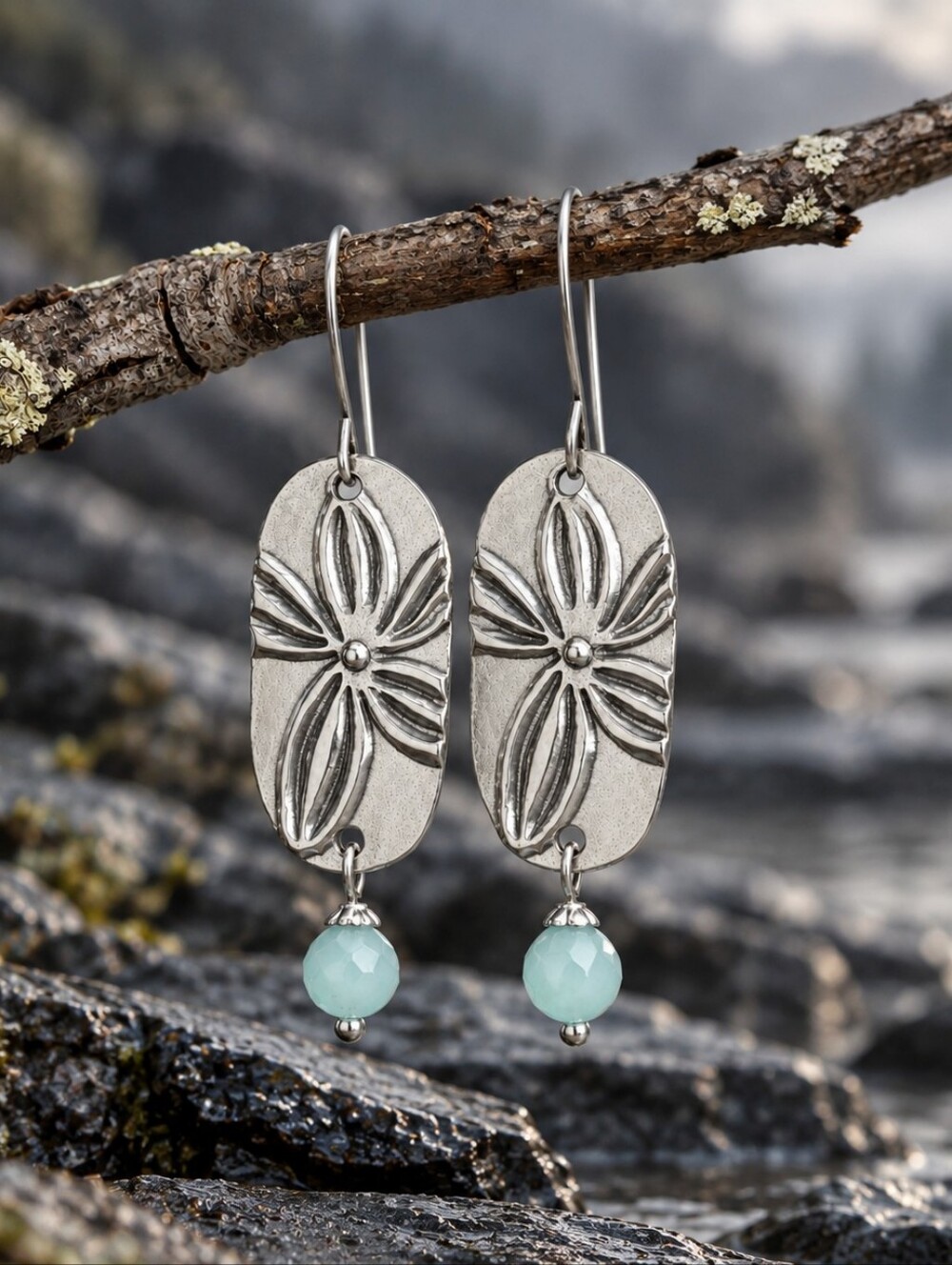 Artisan Pewter Floral Earrings Aqua Quartzite Hand Crafted